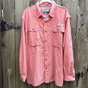 Magellan Outdoors Fishing Shirt Summer Orange Plaid Roll Up Sleeves Men’s Large